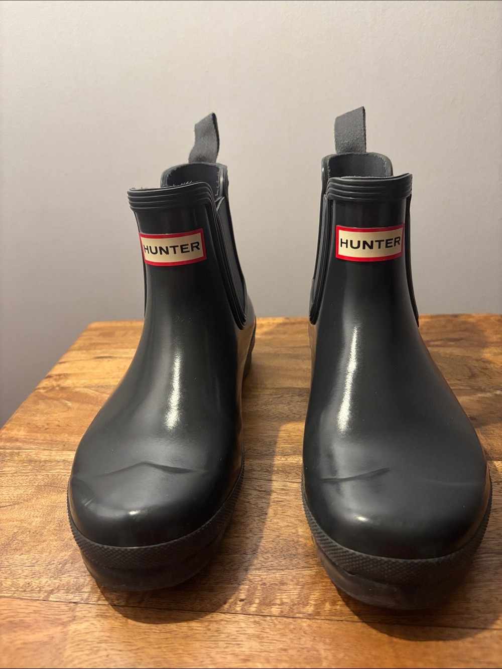 Hunter Grey Black Chelsea Rain Boots with Red Logo